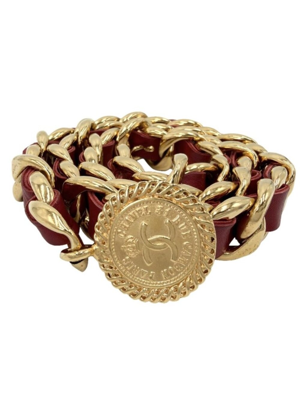 Chanel Belt Medal Chain CC Logo Vintage Leather Red Gold